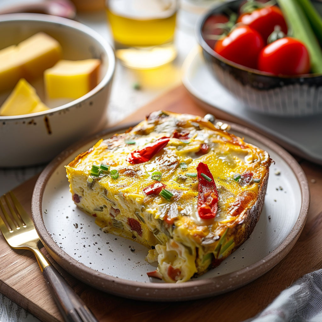 A slice of casserole d'oeufs saine au bacon et aux poivrons.