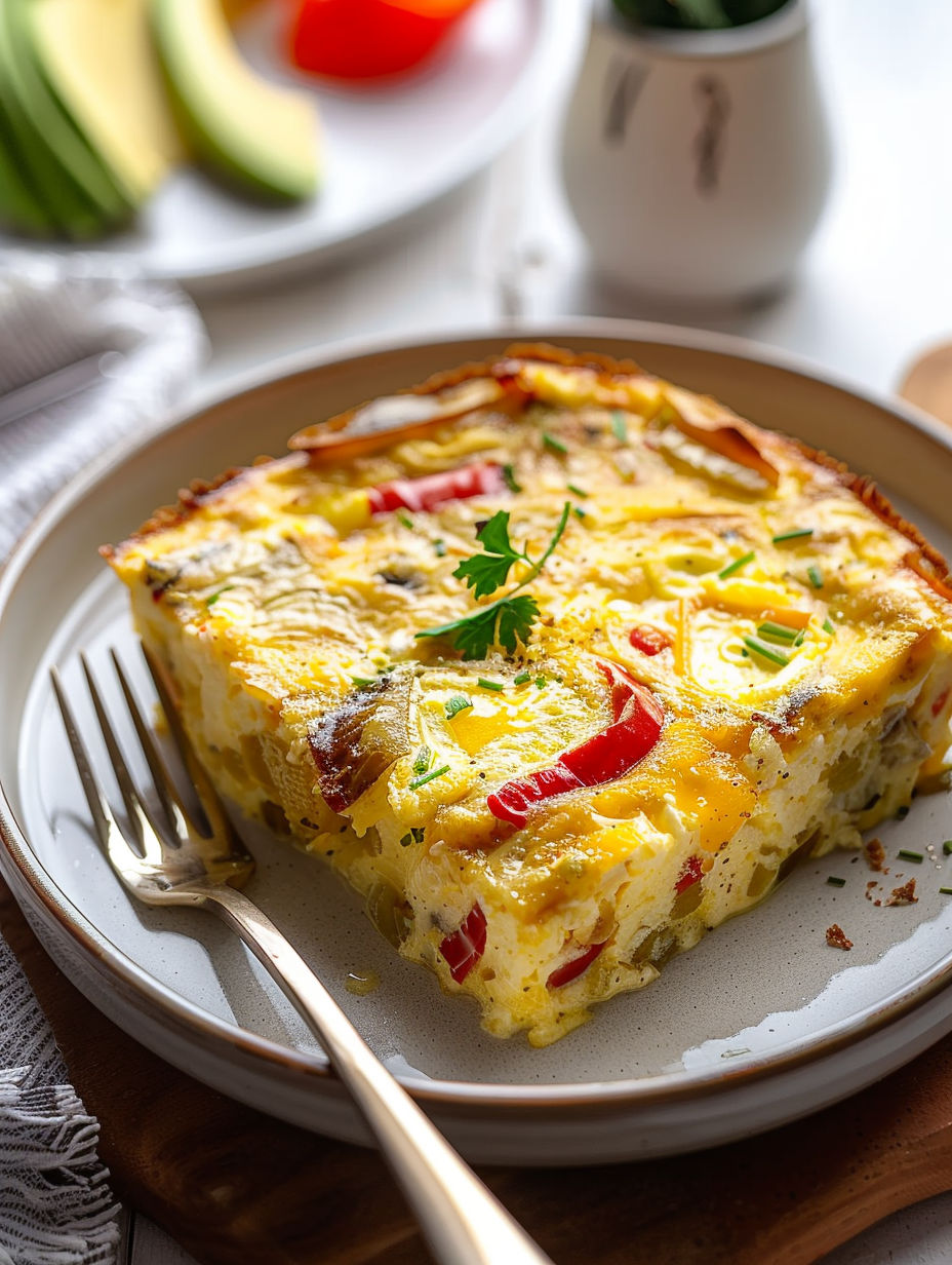 A casserole dish with eggs, bacon, and peppers.
