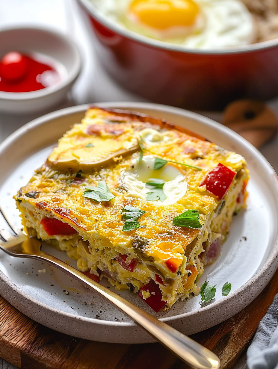 A slice of casserole d'oeufs saine au bacon et aux poivrons.