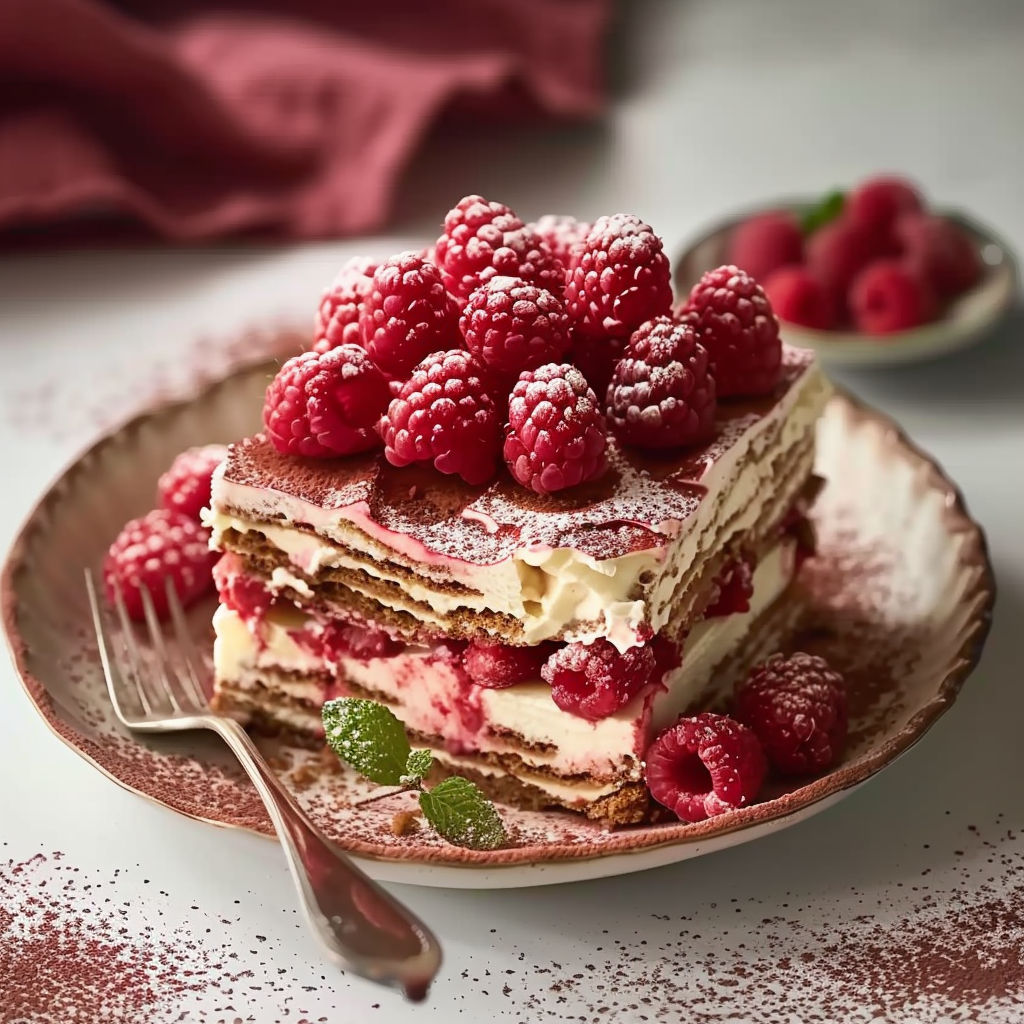 A slice of Tiramisu Framboise cake with raspberries on top.