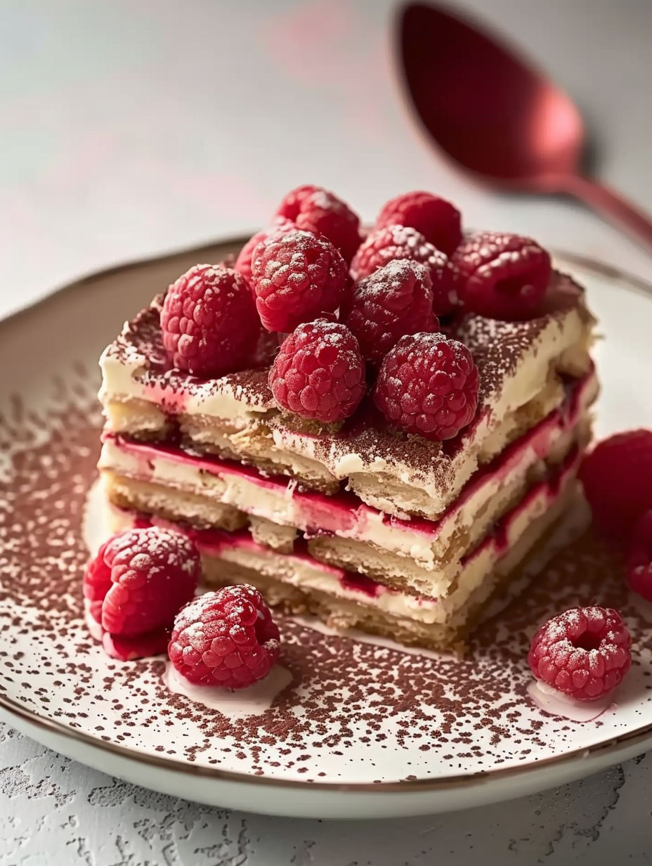 A slice of Tiramisu Framboise cake with raspberries on top.