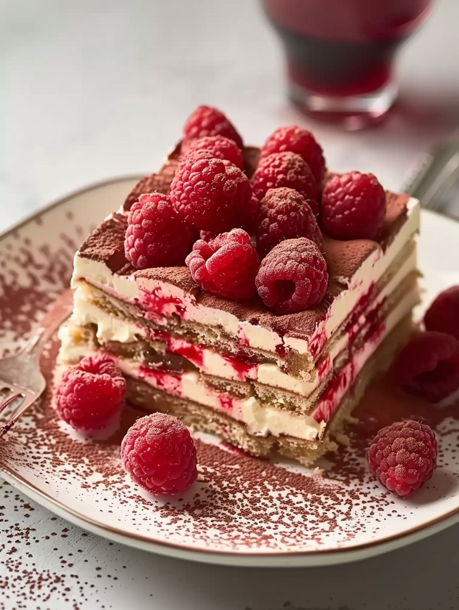 A slice of Tiramisu Framboise cake with raspberries on top.