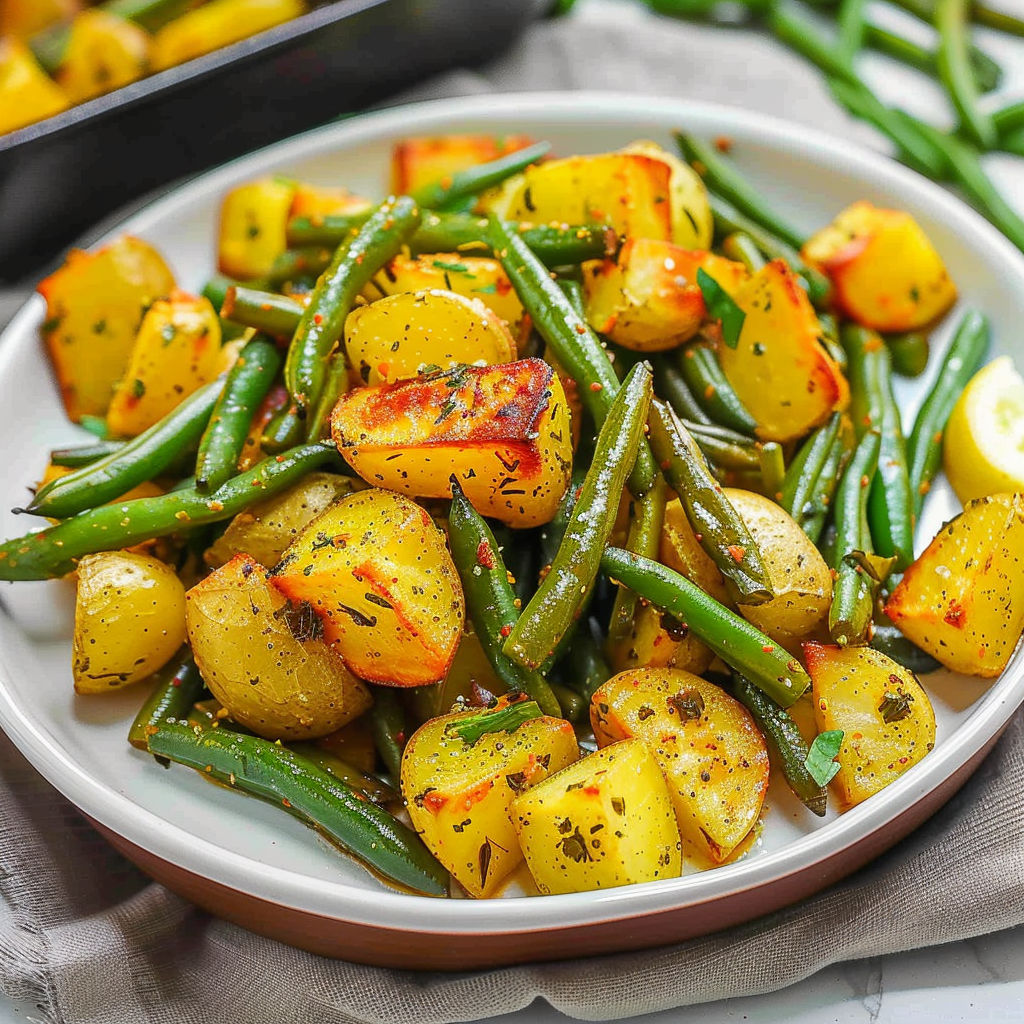 A plate of potatoes and green beans.