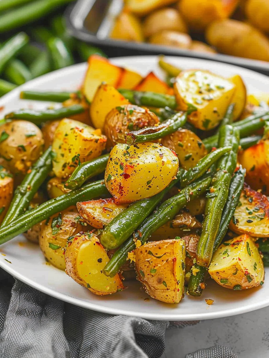 A plate of potatoes and green beans.