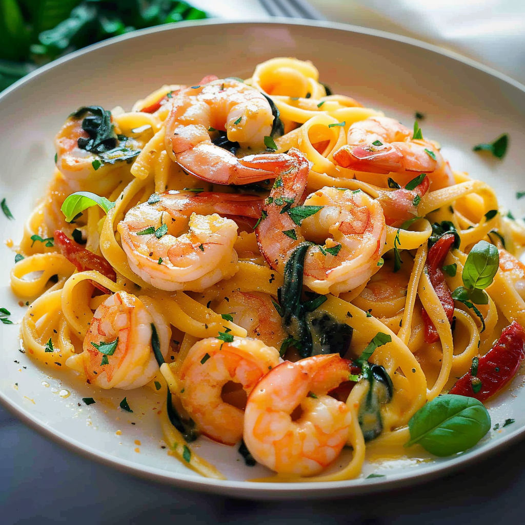 A plate of shrimp and pasta.
