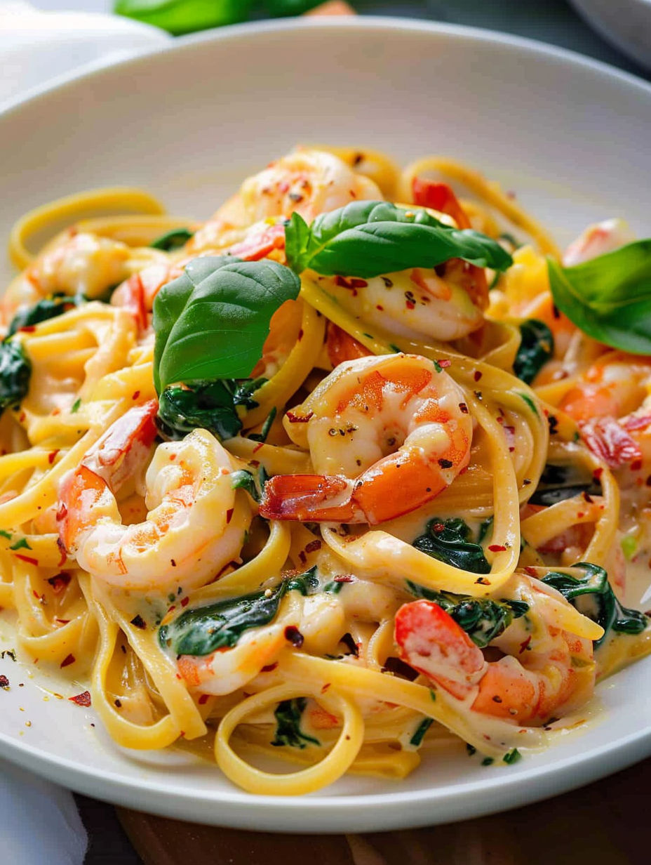 A plate of pasta with shrimp and spinach.