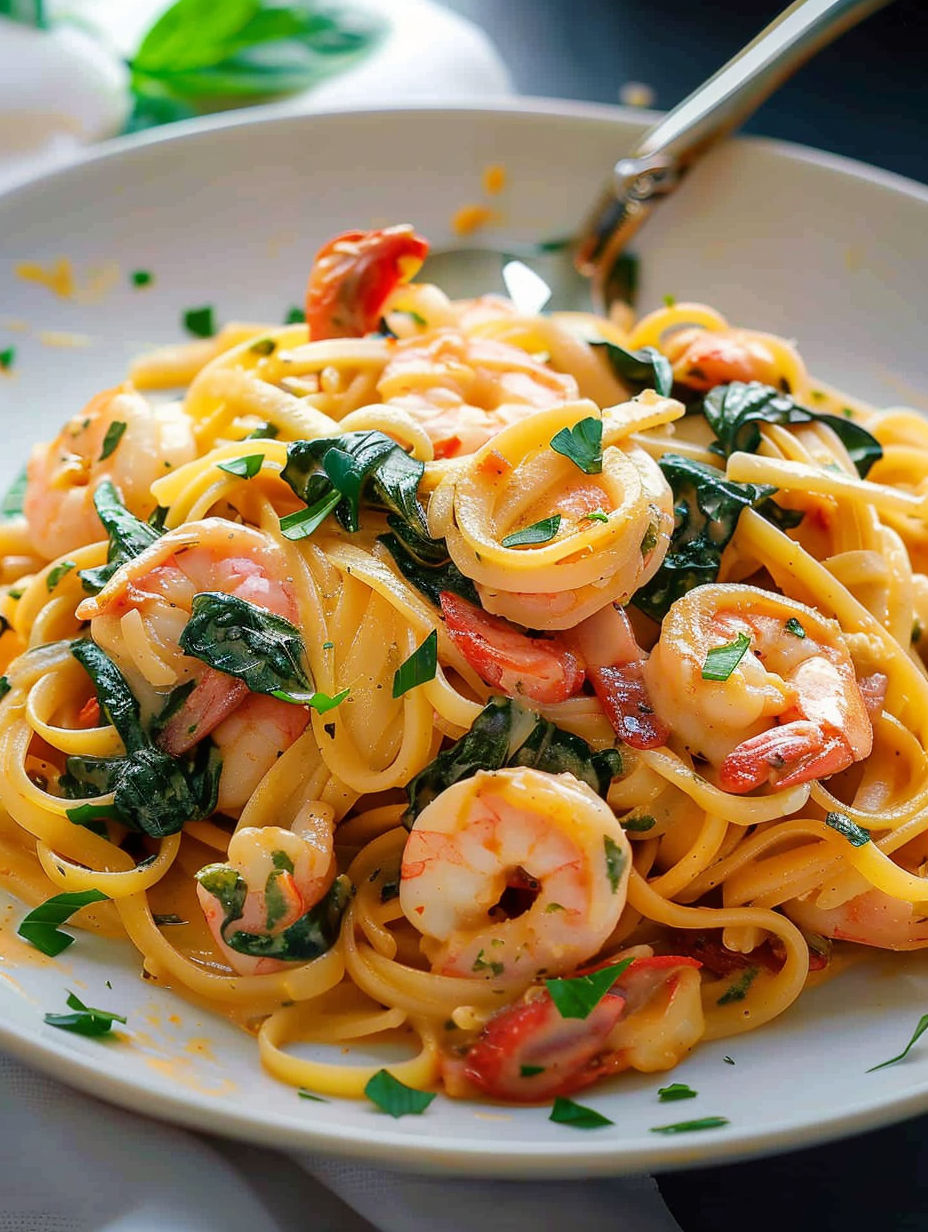 A plate of pasta with shrimp and spinach.