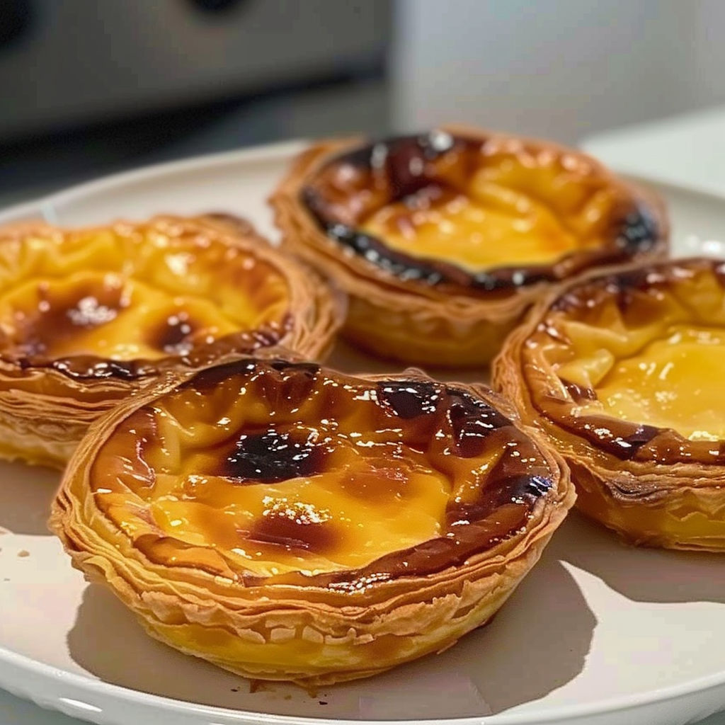 Four pastéis de nata on a plate.