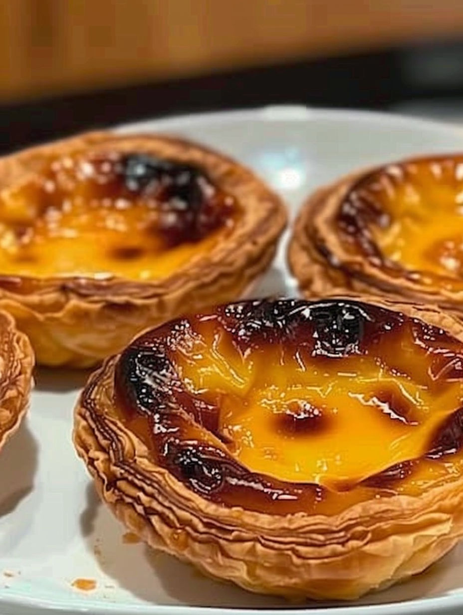 Four pastéis de nata on a plate.