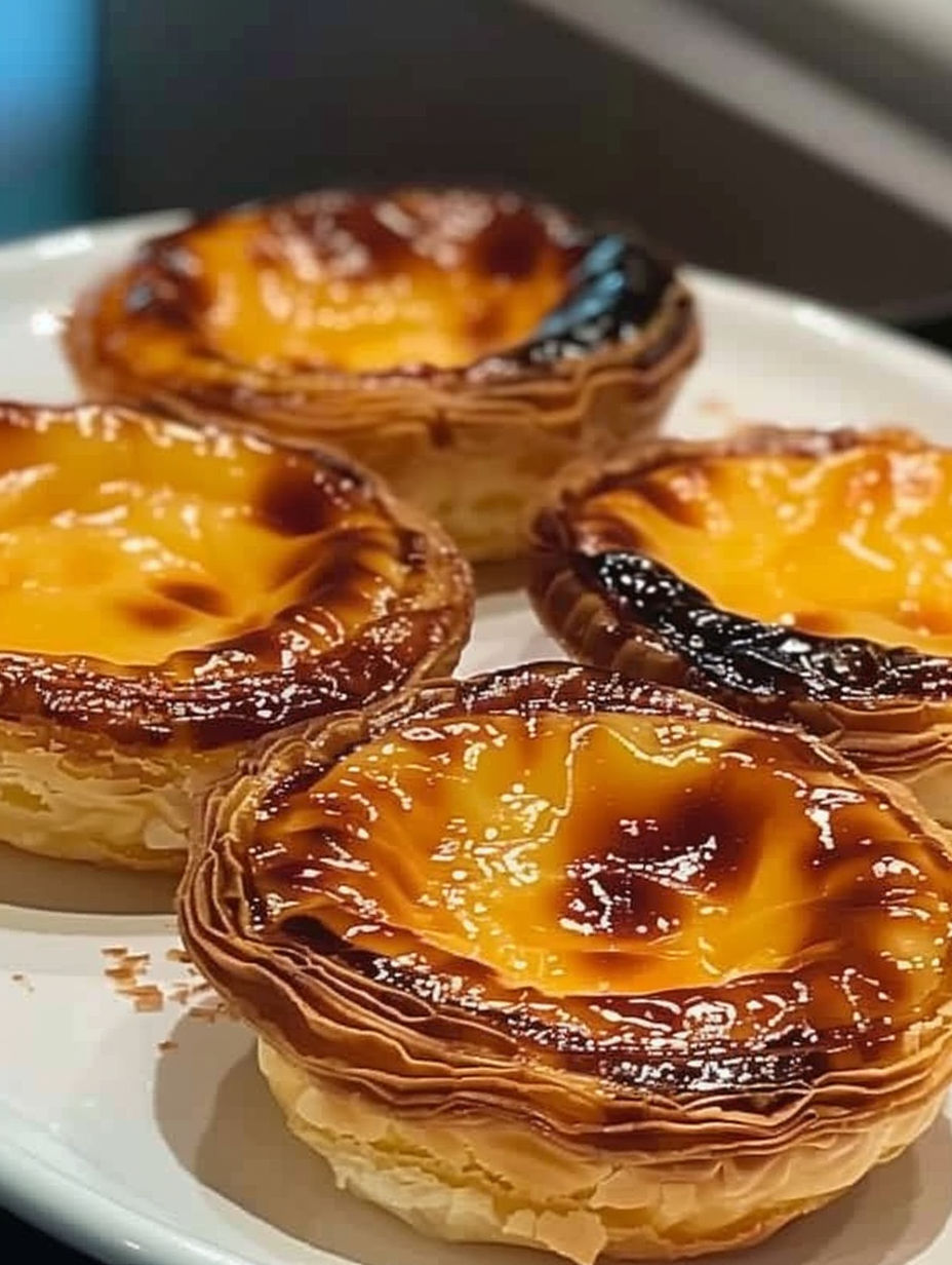 Four Pastéis de Nata on a plate.