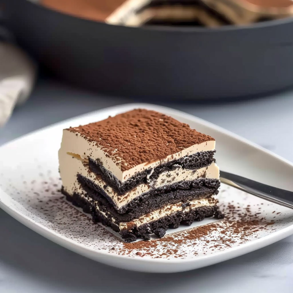 A slice of Tiramisu Oreo cake on a plate.