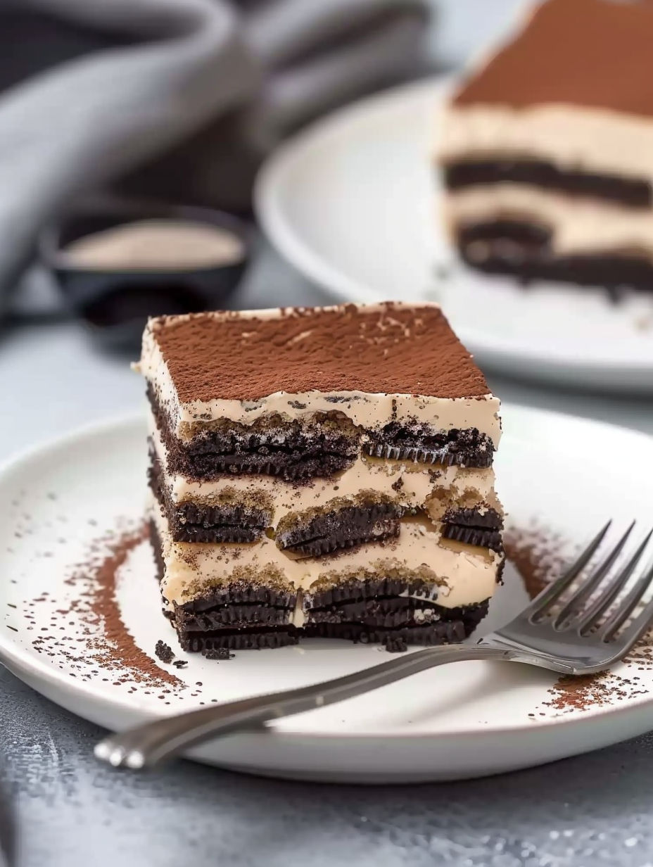 A slice of Tiramisu Oreo cake on a plate.
