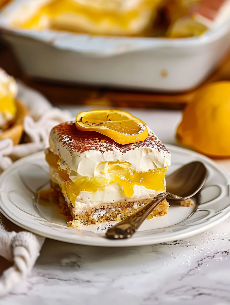 A slice of lemon and orange cake with a spoon on the side.