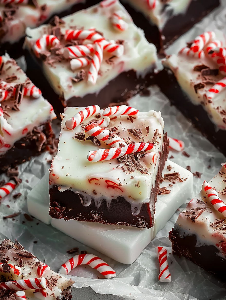 A close up of a piece of cake with white frosting and candy canes.
