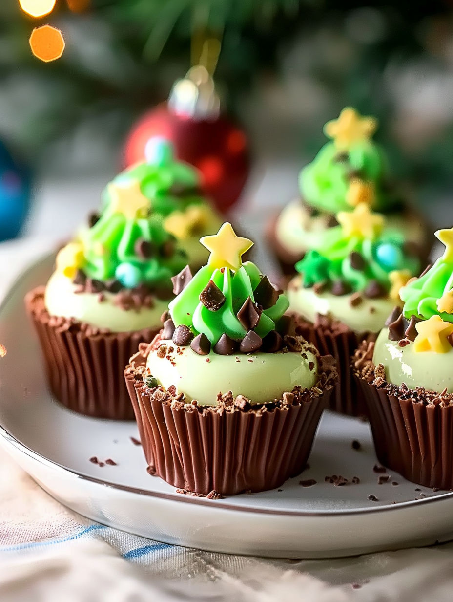 A plate of cupcakes with green and brown frosting and a star on top.