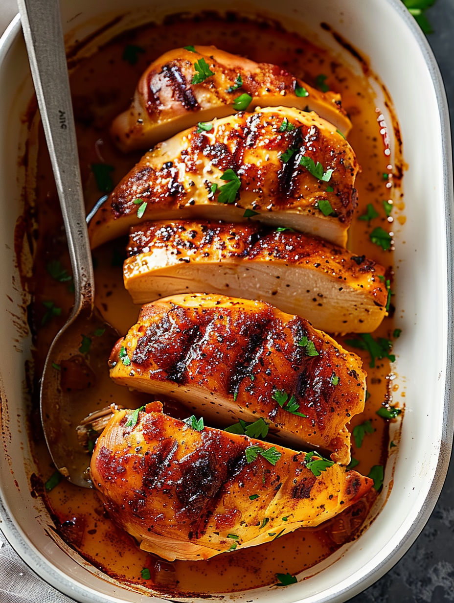 A dish of chicken with a fork on the side.