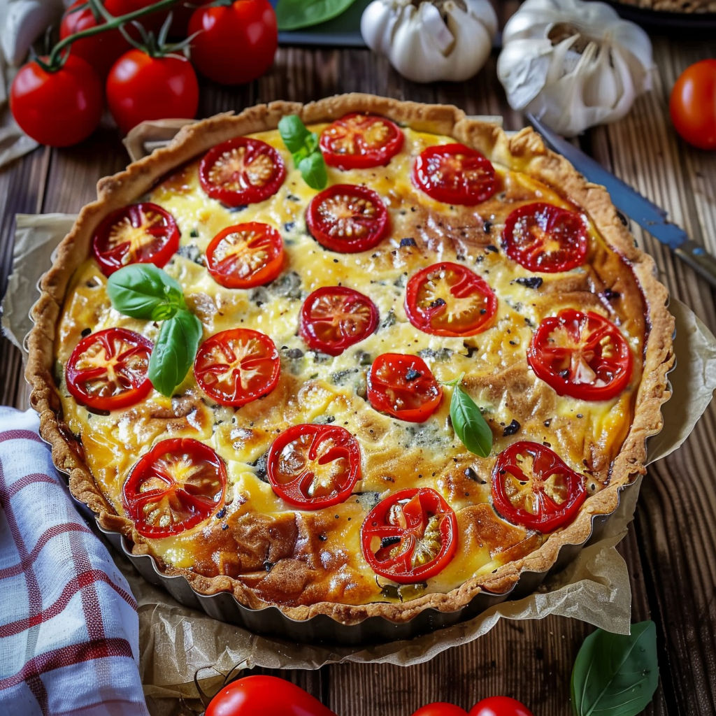 A quiche with tomatoes and mustard.