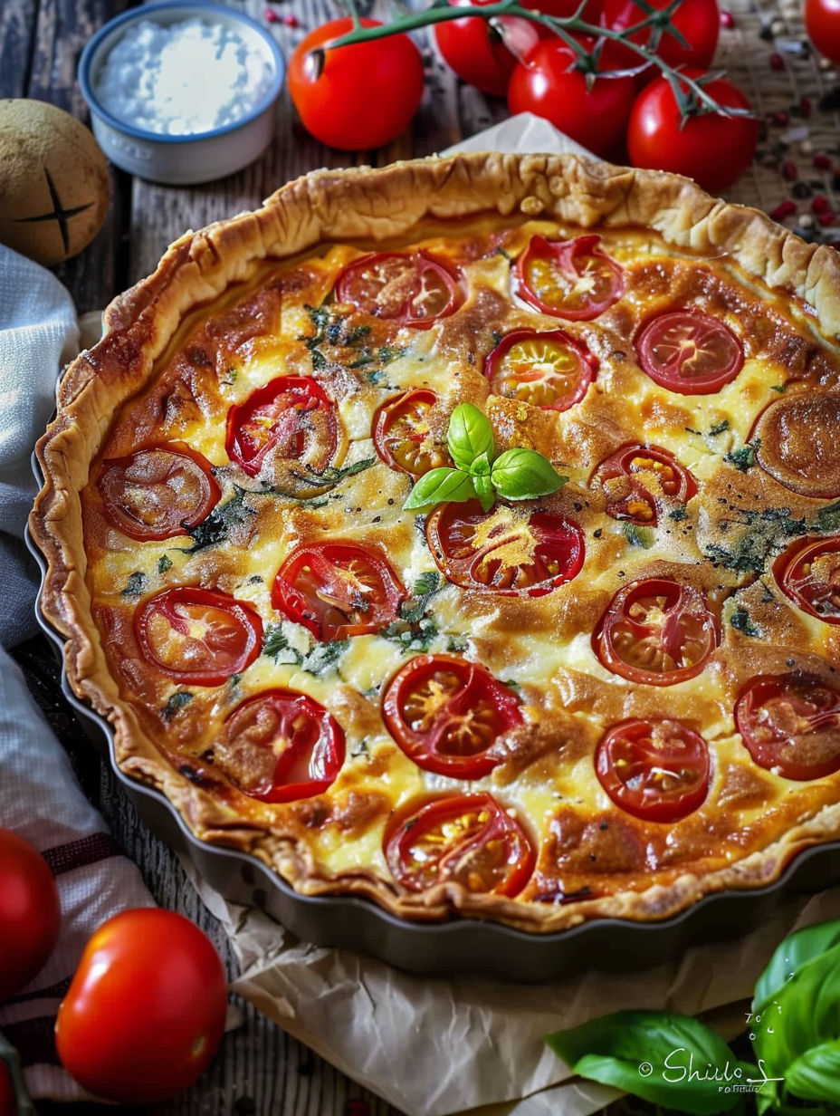 A pizza with tomatoes and basil on top.