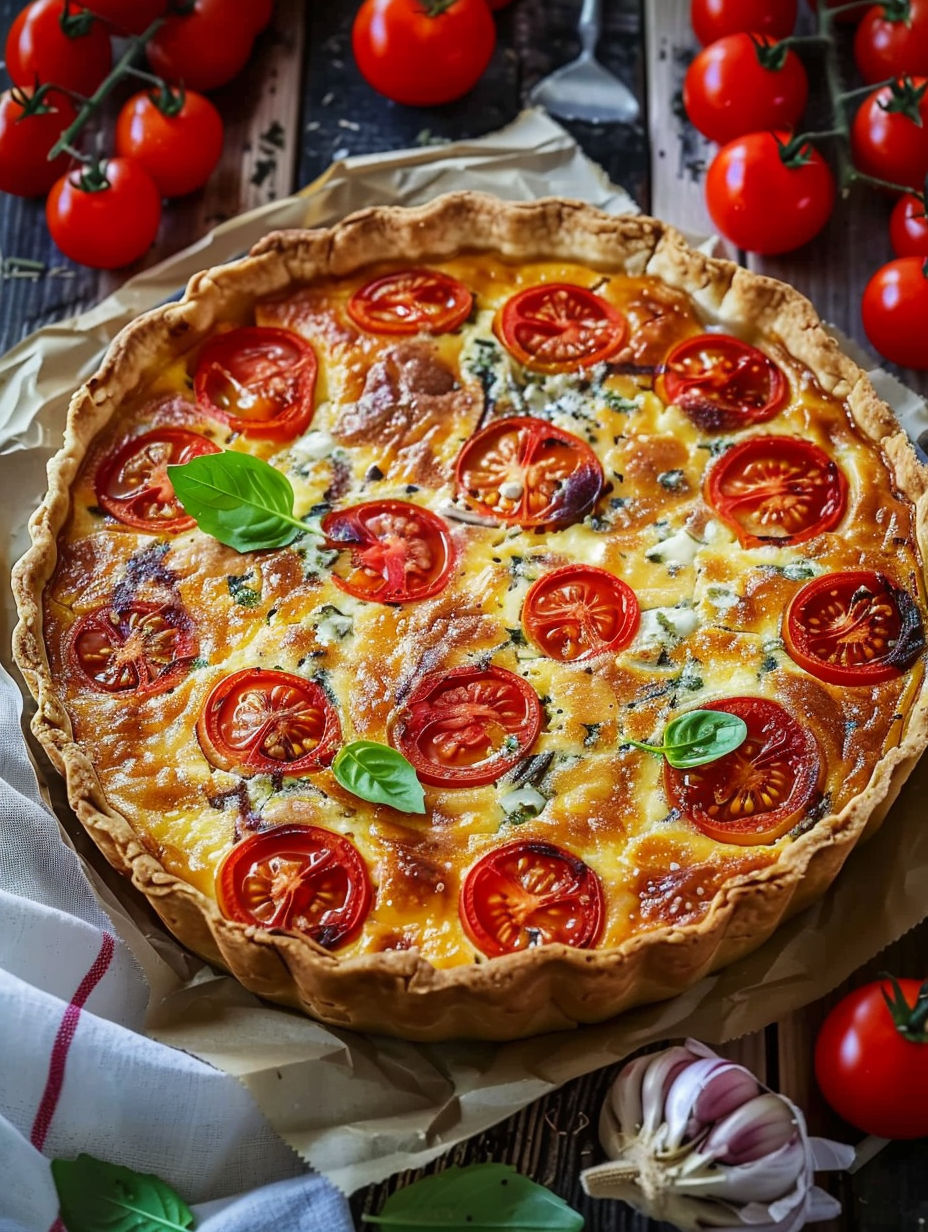 A pizza with tomatoes and basil on top.