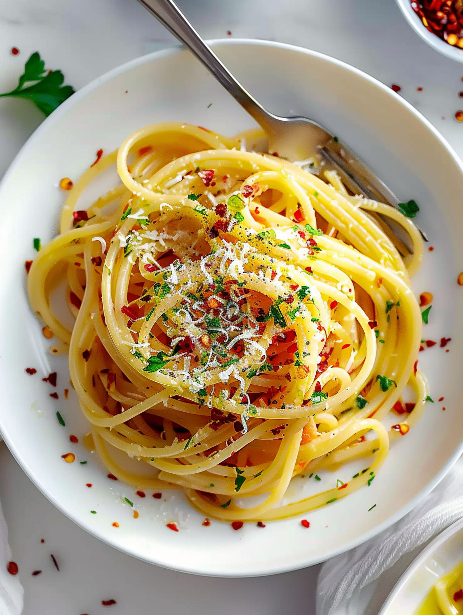 A plate of spaghetti with cheese and pepperoncino.