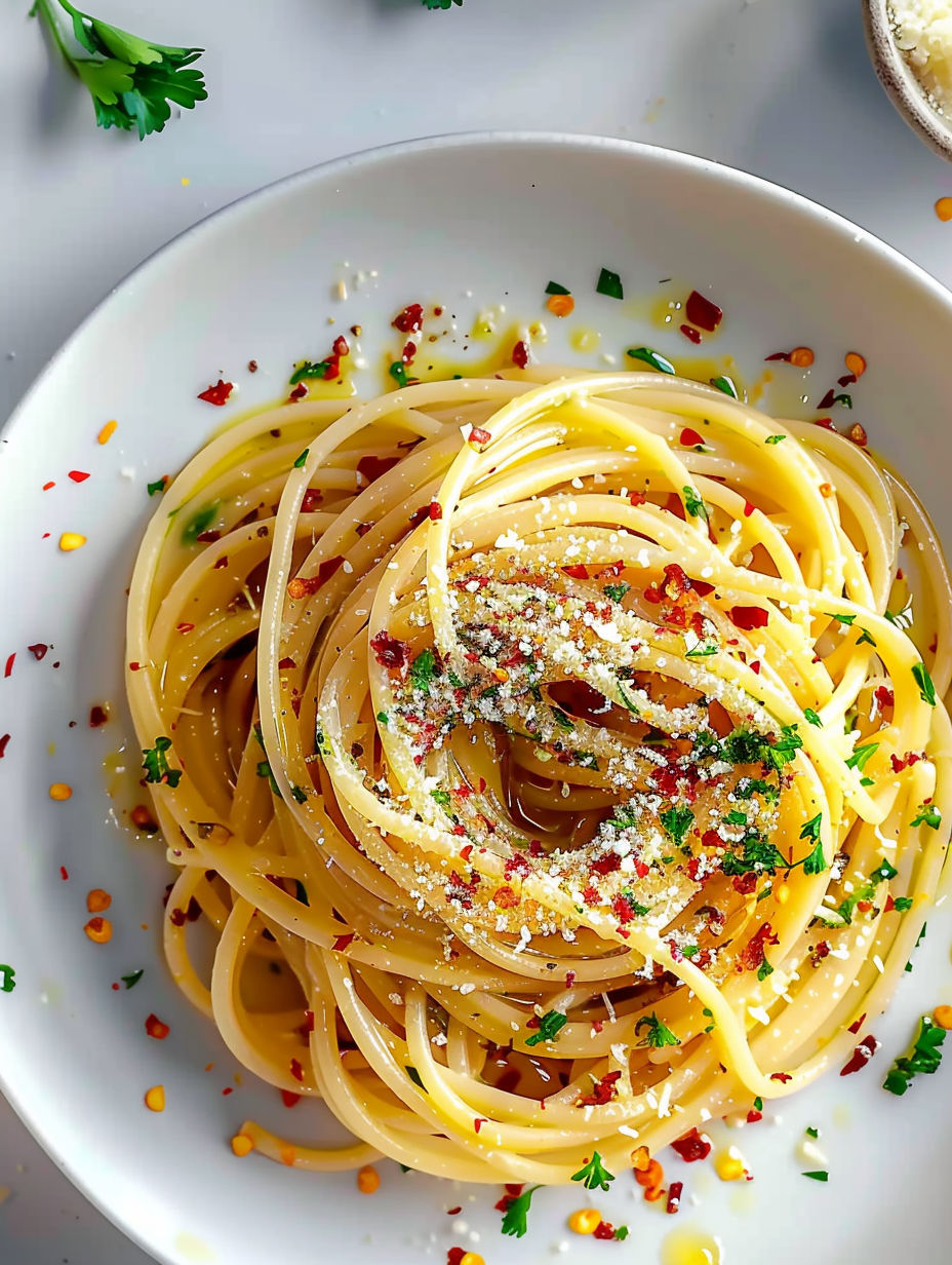 A plate of spaghetti with red pepper flakes and olive oil.