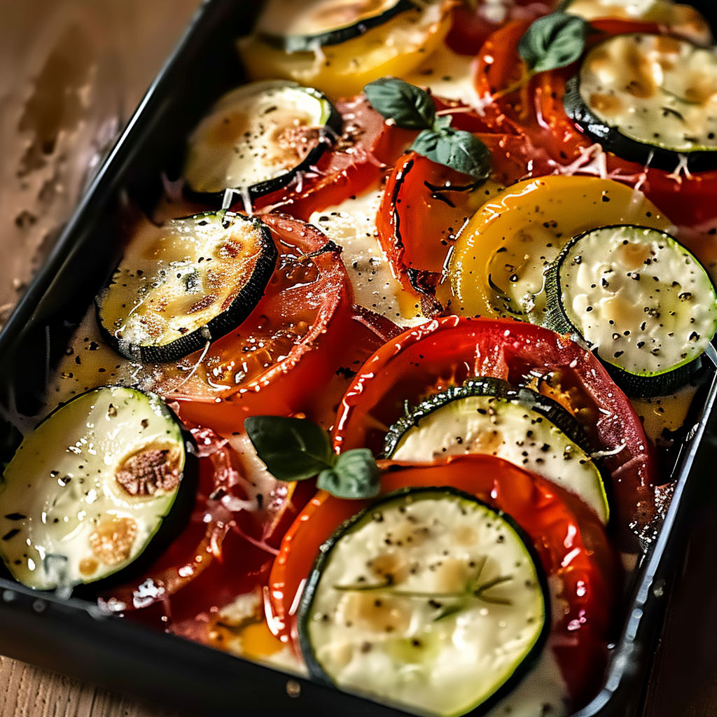 A dish of zucchini, tomatoes and mozzarella cheese.