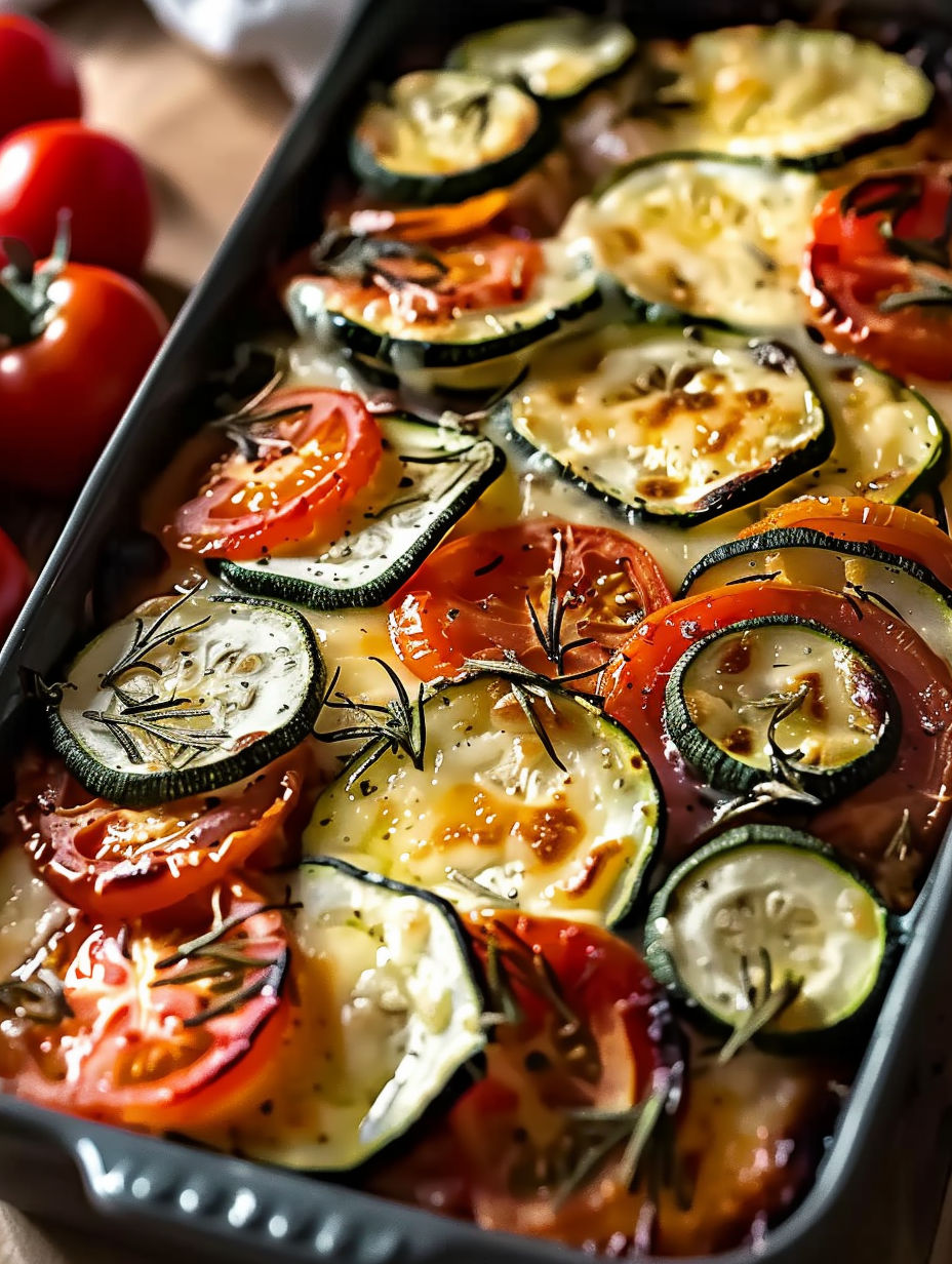 A dish of zucchini, tomatoes and mozzarella cheese.