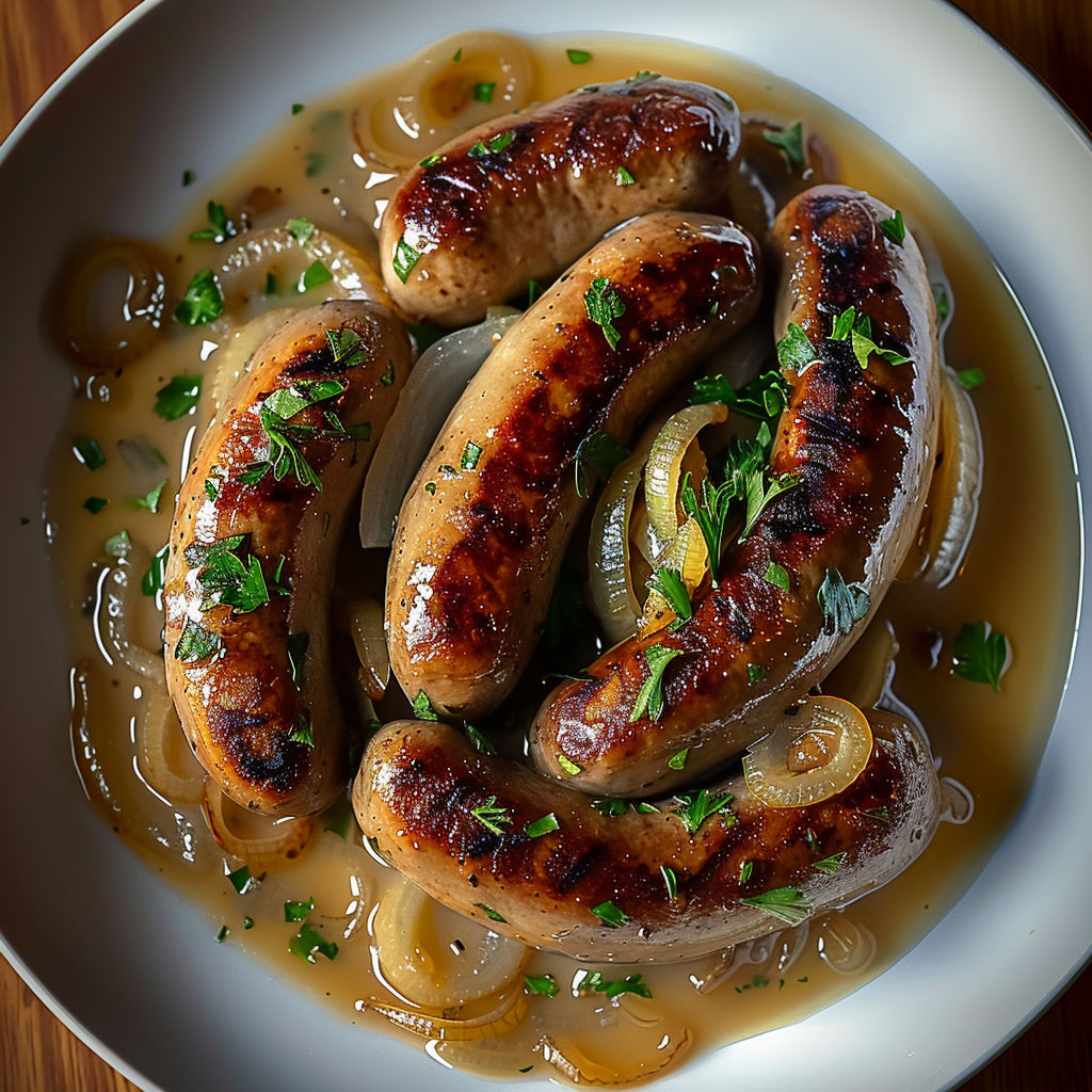 Saucisses à la moutarde et aux oignons.