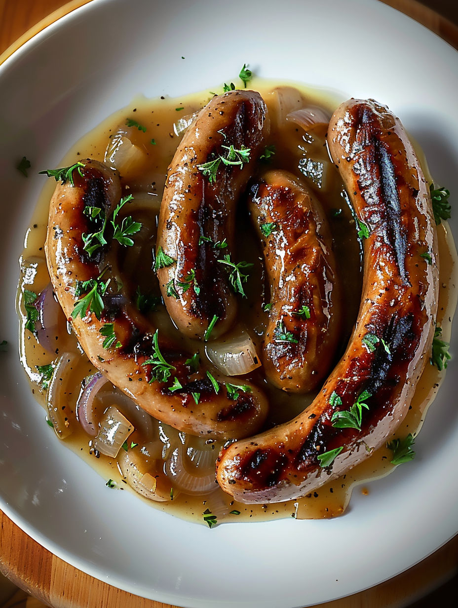 Saucisses à la moutarde et aux oignons.