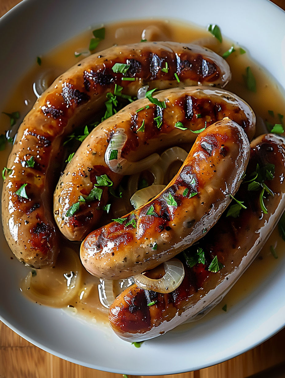 Saucisses à la moutarde et aux oignons.