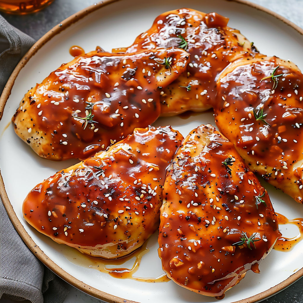 A plate of chicken with a marinade poulet barbecue.