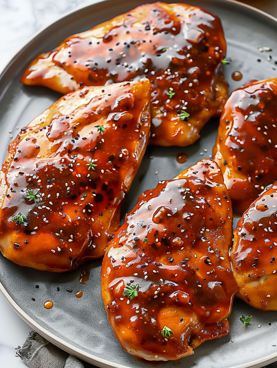 A plate of marinated chicken with a sauce.