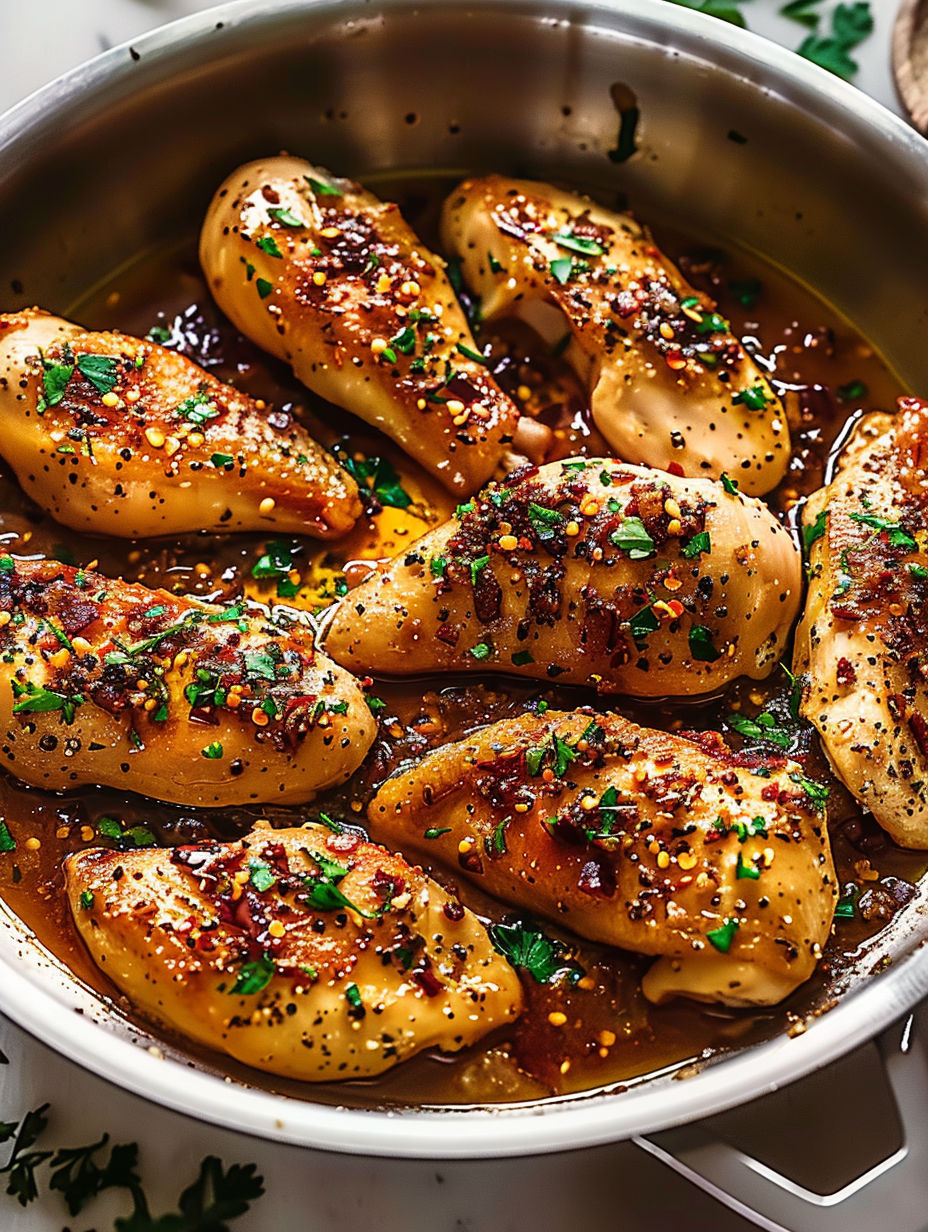 A pan of chicken with spices and herbs.