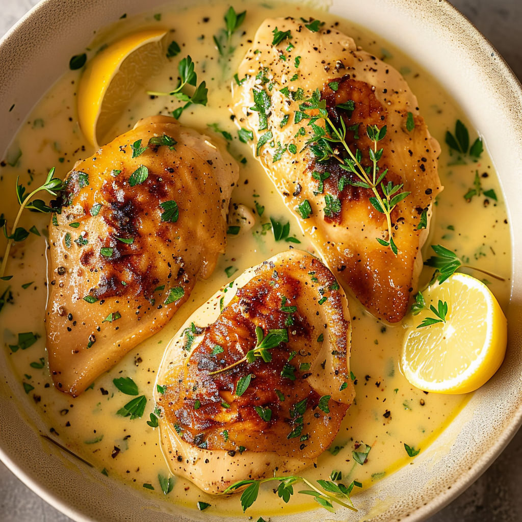 A bowl of chicken with lemon and herbs.