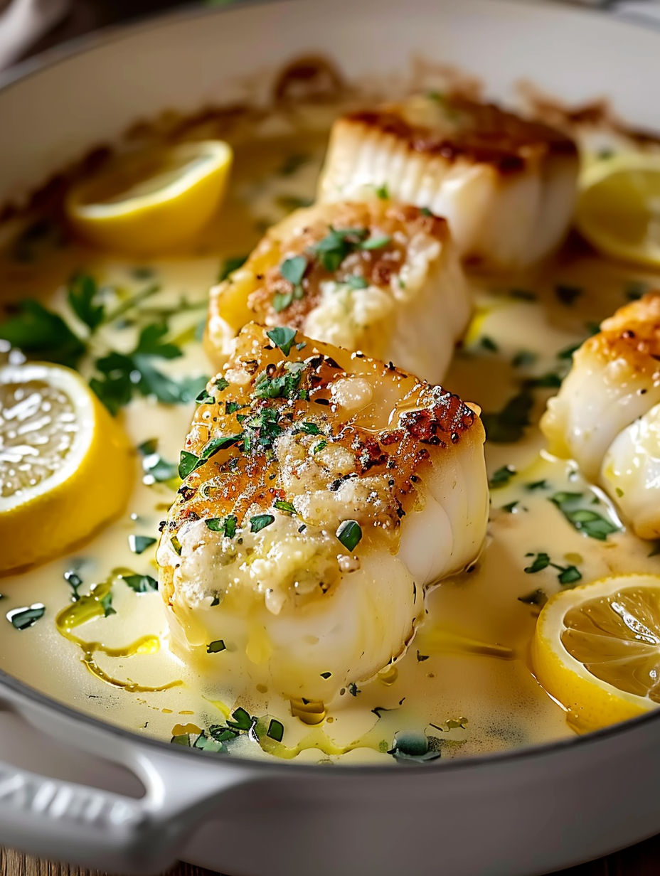 A bowl of fish with lemon and herbs.