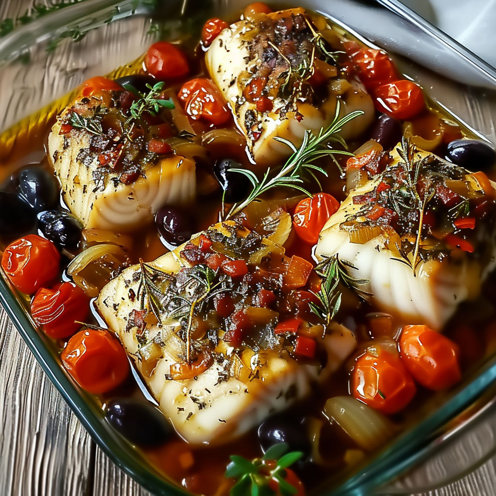 A glass bowl filled with fish and vegetables.