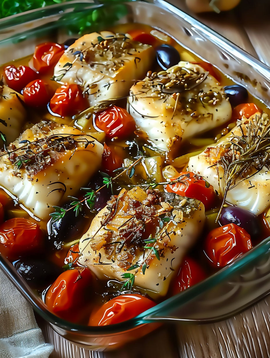 A dish of fish with tomatoes and herbs.
