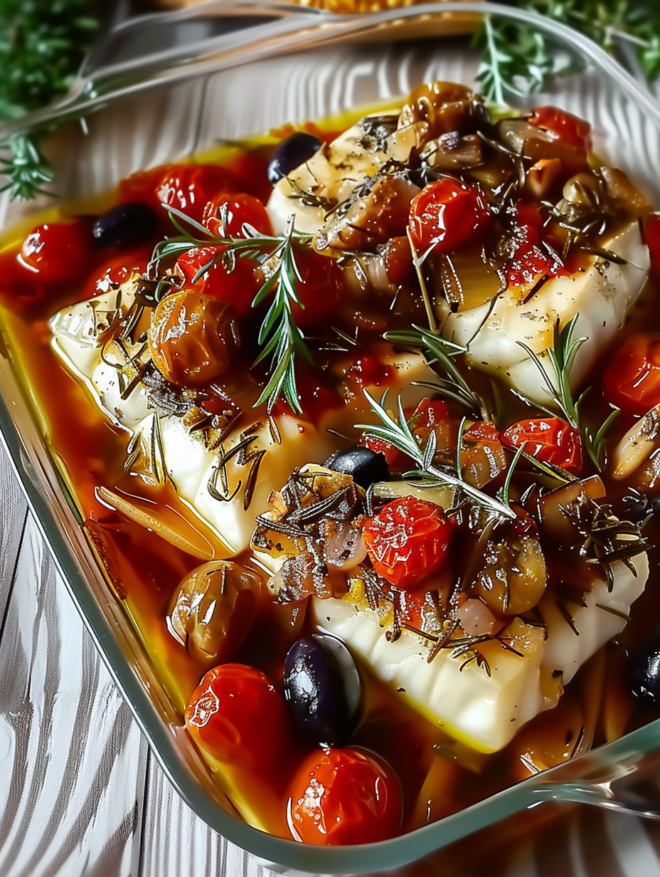 A dish of food with tomatoes, olives, and mushrooms.