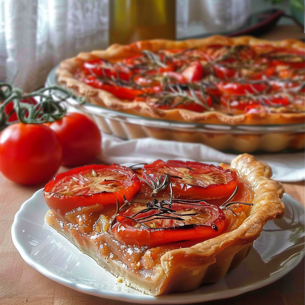 A plate with a slice of tarte provencal.