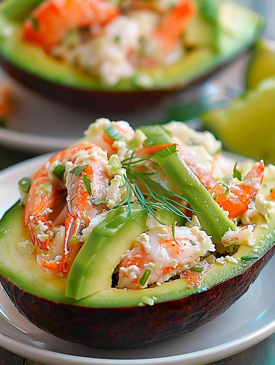 A dish made with avocado, shrimp, and crab.