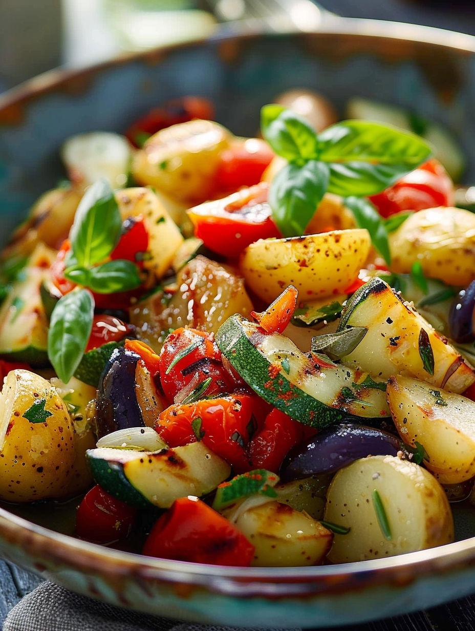 A bowl of salad with potatoes, tomatoes, and herbs.