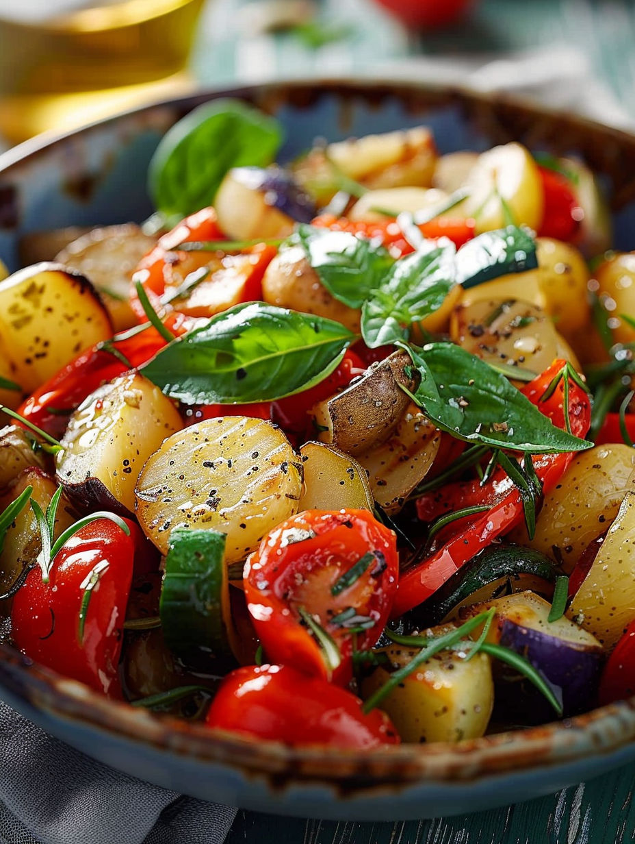 A bowl of salad with potatoes, tomatoes, and greens.