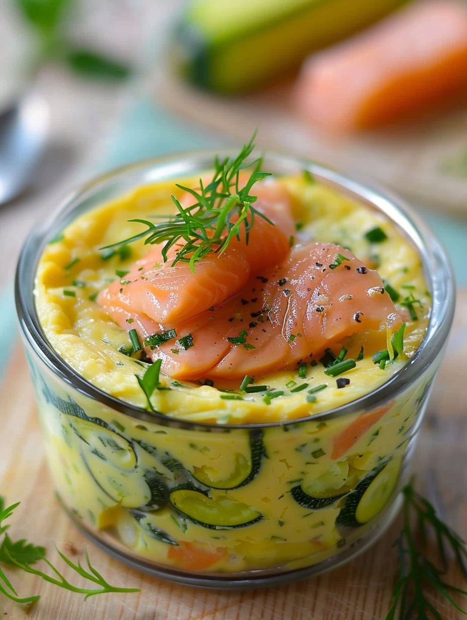 A glass dish filled with a creamy mixture of vegetables and fish.