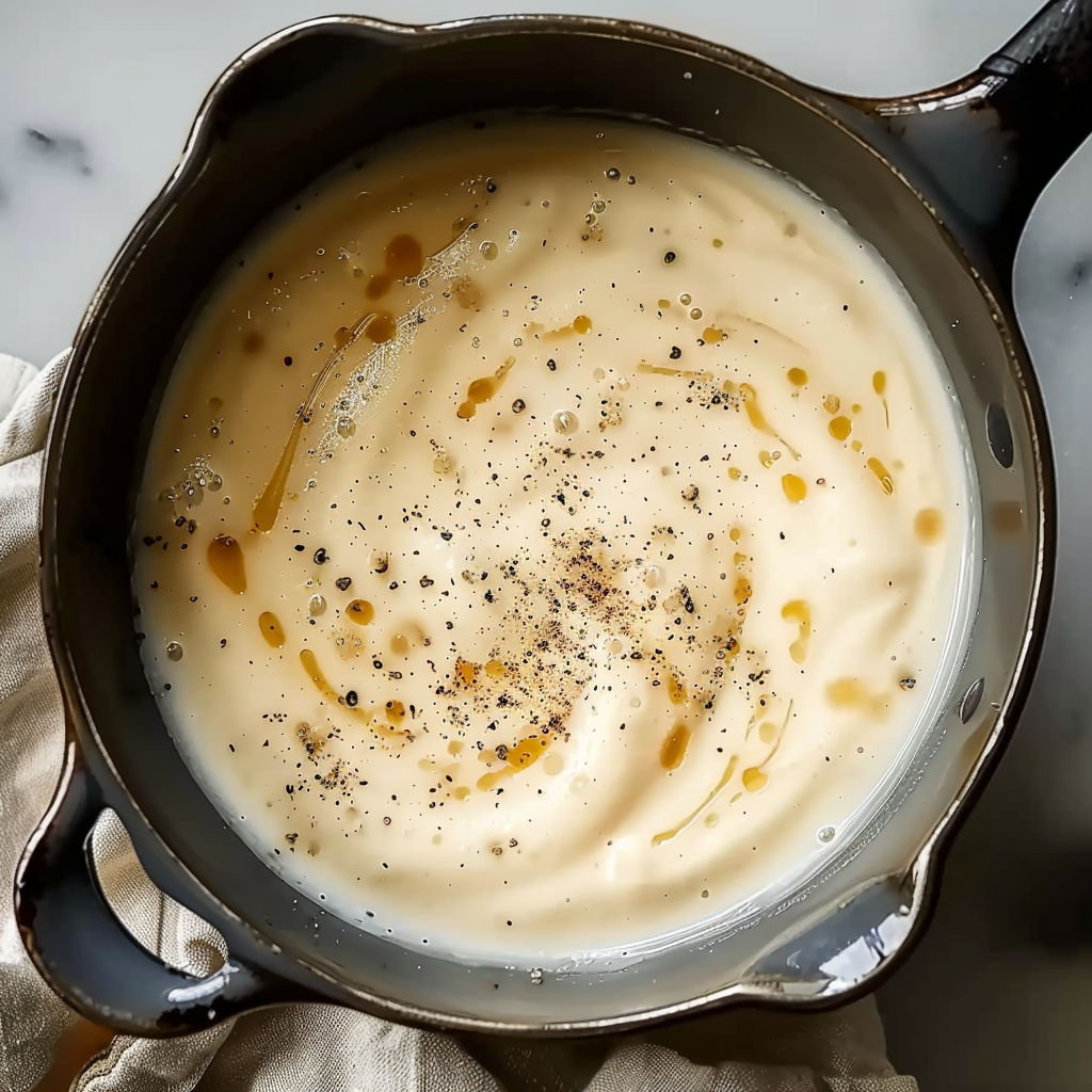 A pot of bechamel sauce with black pepper and nutmeg.