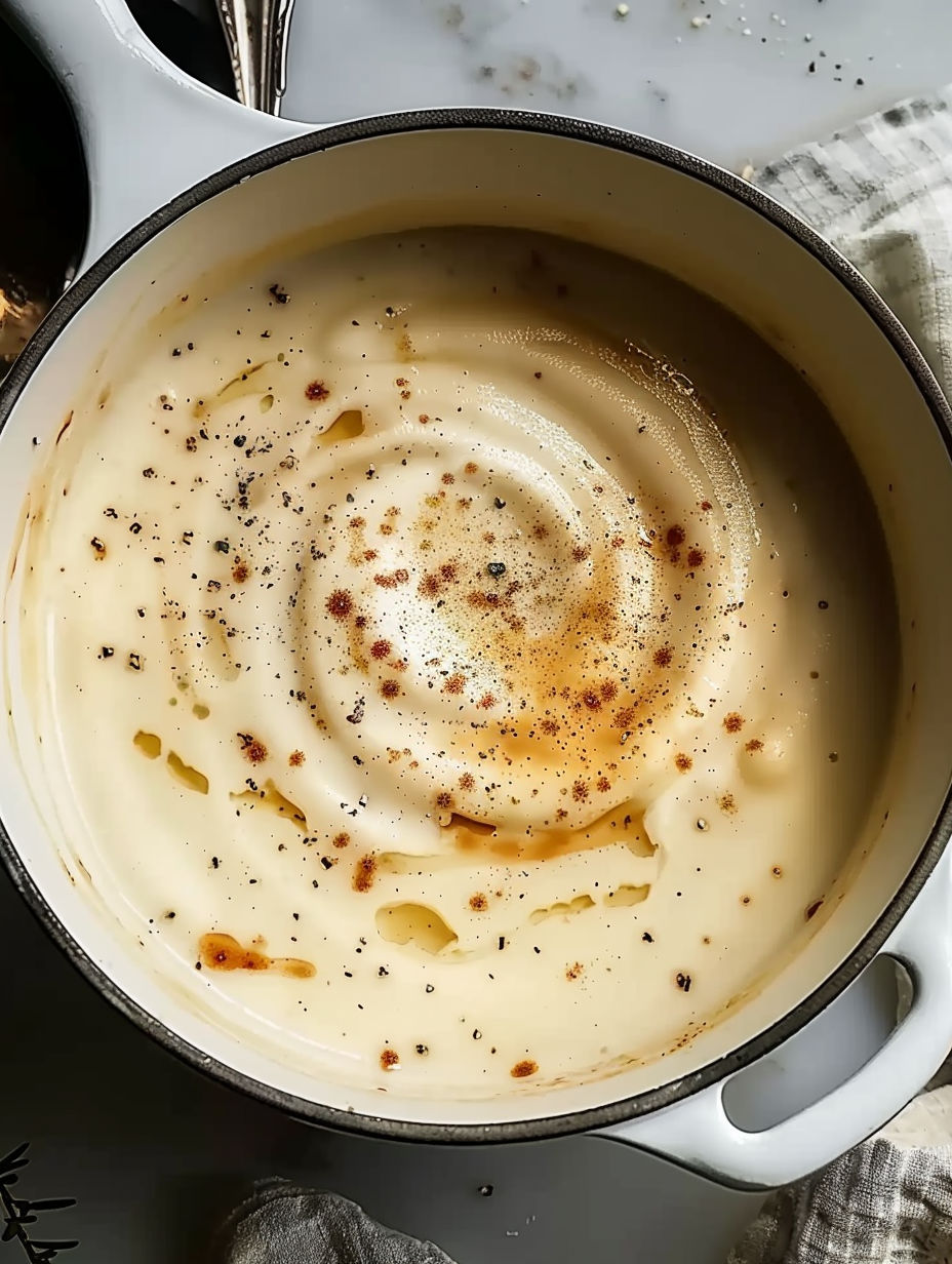 A bowl of soup with a spoon in it.