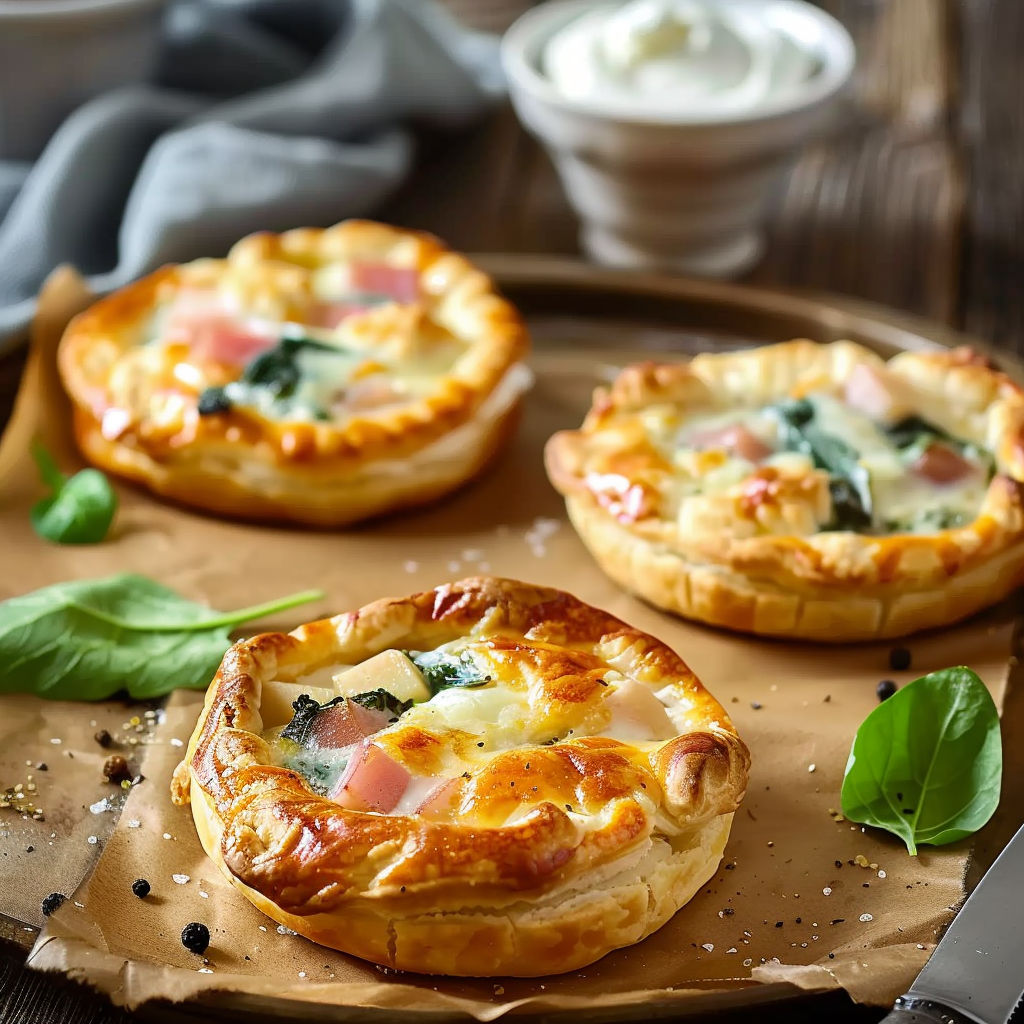 Three mini pies with cheese and spinach.