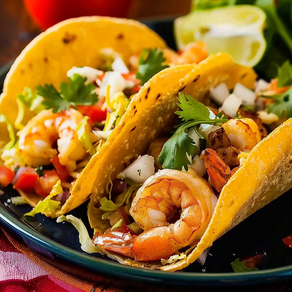 A plate of spicy grilled shrimp tacos.
