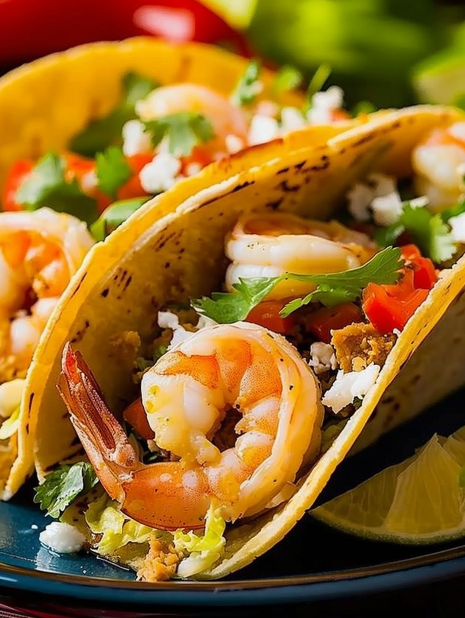 A plate of spicy grilled shrimp tacos.