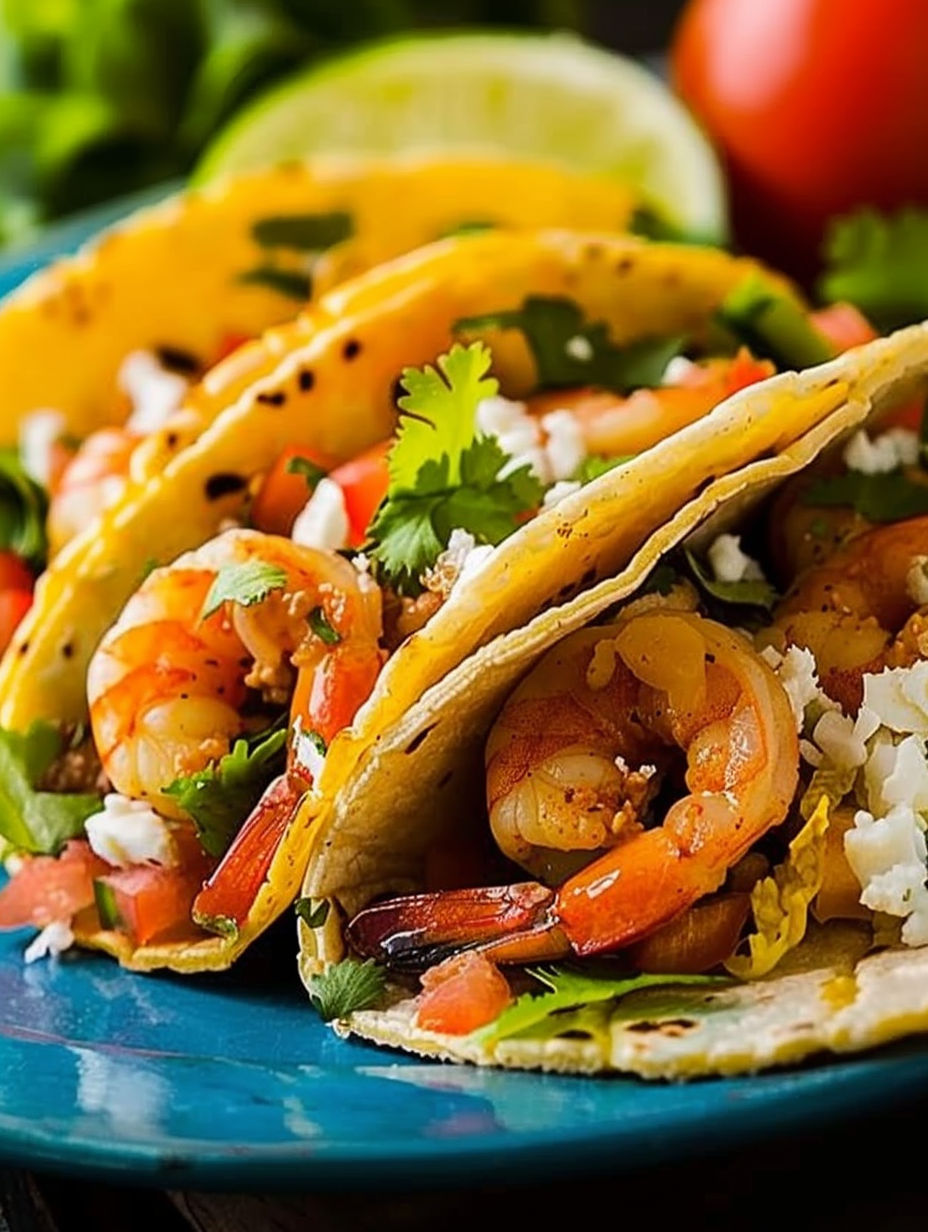 Spicy grilled shrimp tacos with tomatoes and cilantro.