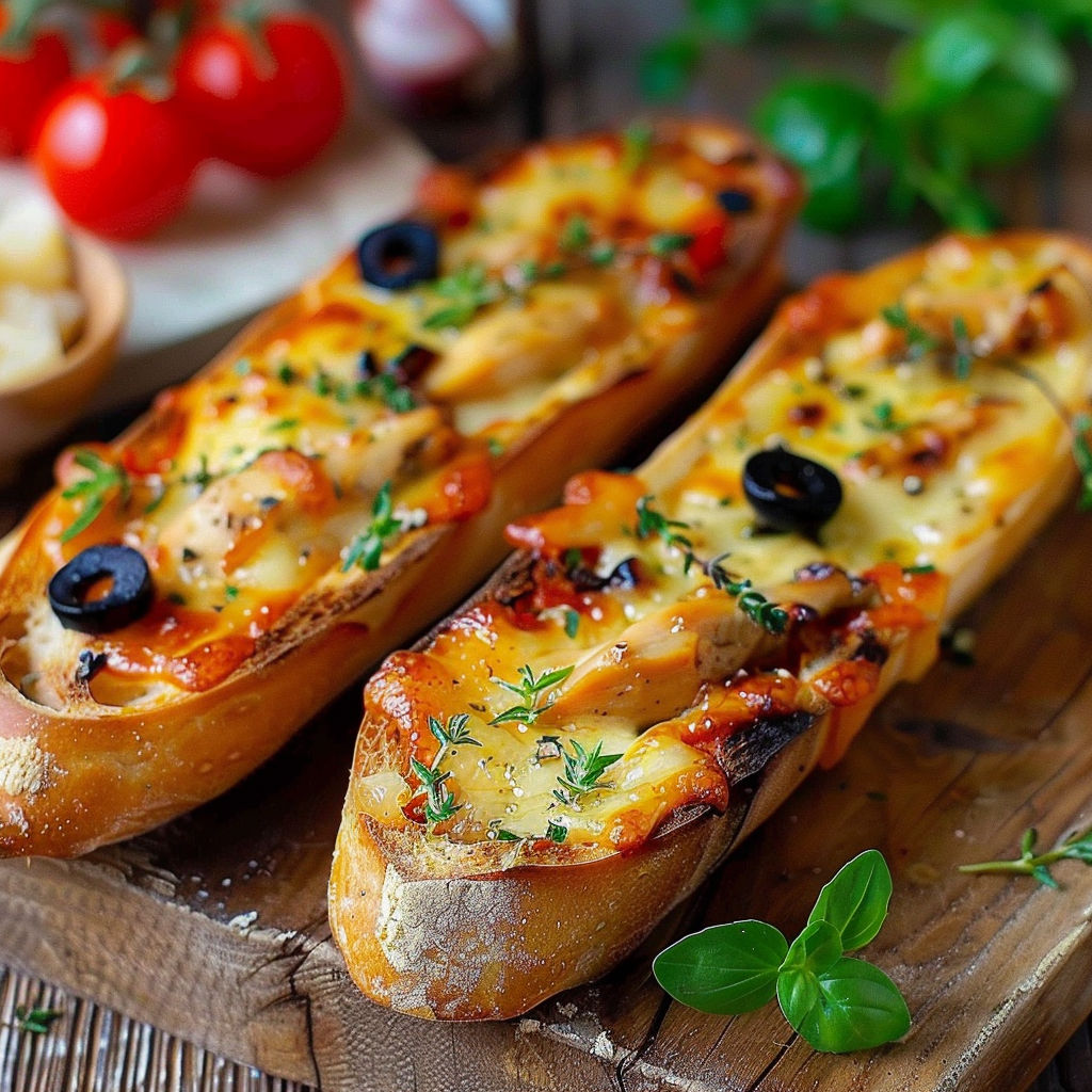 A baguette gratinée au poulet et au cheddar.